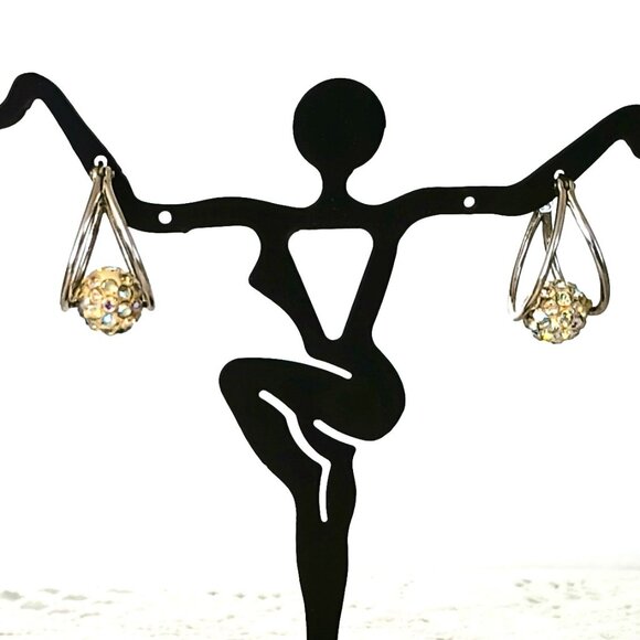 925 Floating Crystal Double Hoop Earrings Sterling Silver Drop Post Earrings - Picture 1 of 14